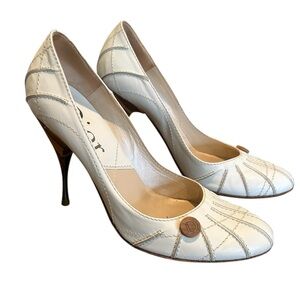 Vintage CHRISTIAN DIOR JOHN GALLIANO White Leather & Wood with Metal 4” Heel